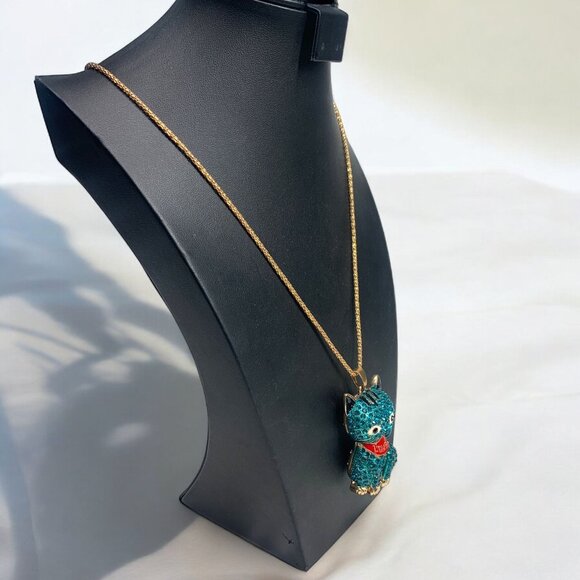 Betsey Johnson Blue Cat Pendant Necklace W/ Gold-Tone Chain & Heart Charm - Picture 3 of 9